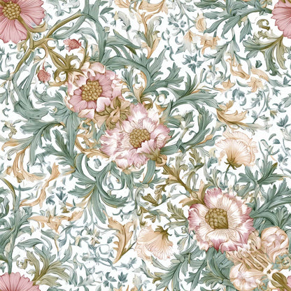 Intricate wallpaper design with pink, green, and cream florals on a white background.