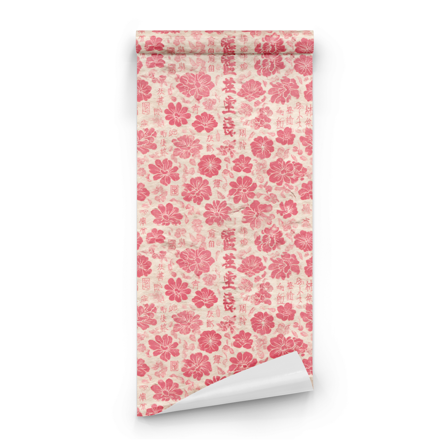 Pink Floral Wallpaper roll preview showing the block-print cerise pink florals in close hand-printed detail