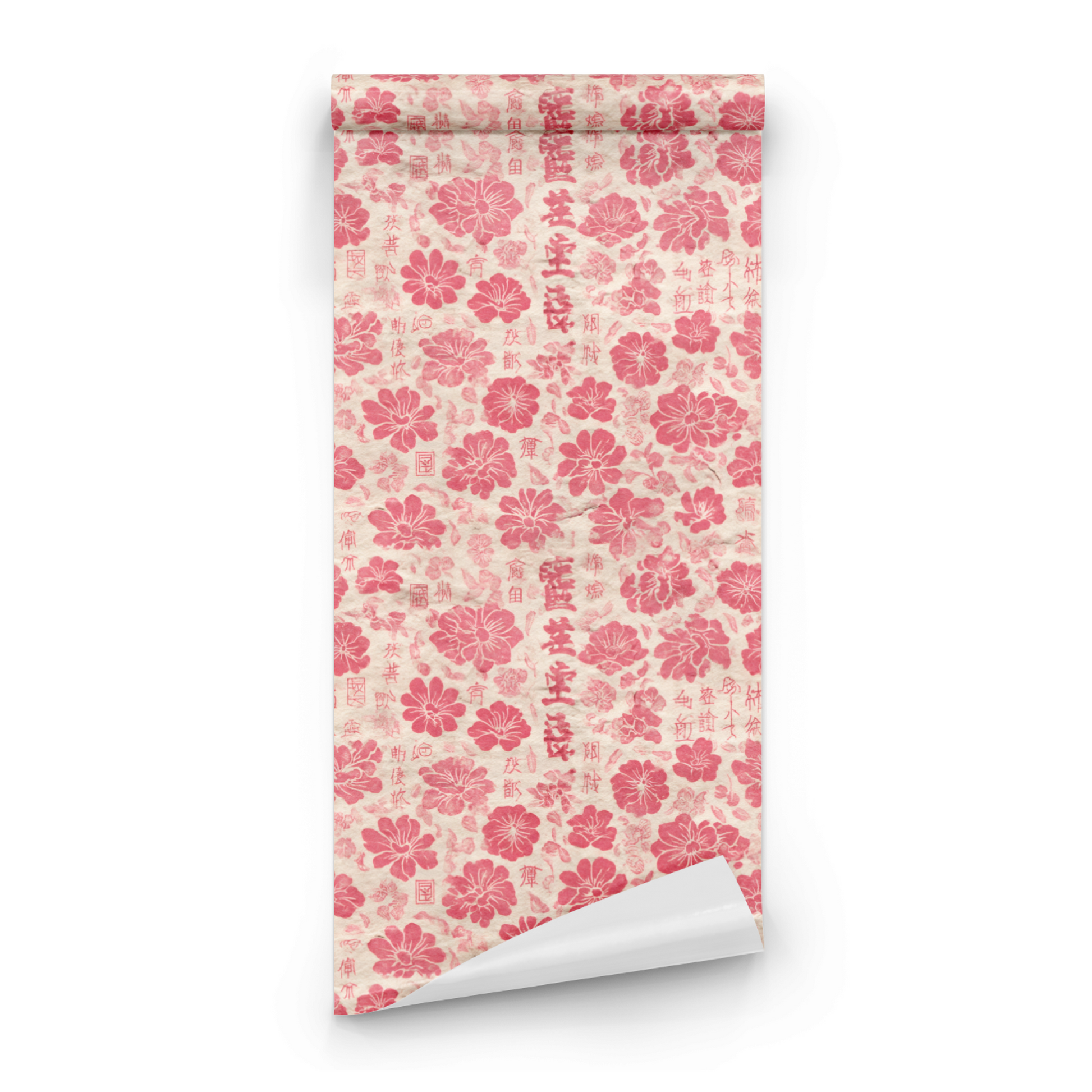 Pink Floral Wallpaper roll preview showing the block-print cerise pink florals in close hand-printed detail