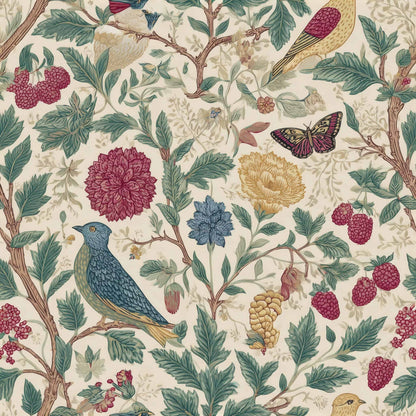 Botanical wallpaper with birds, butterflies, and colorful flowers on a cream background.