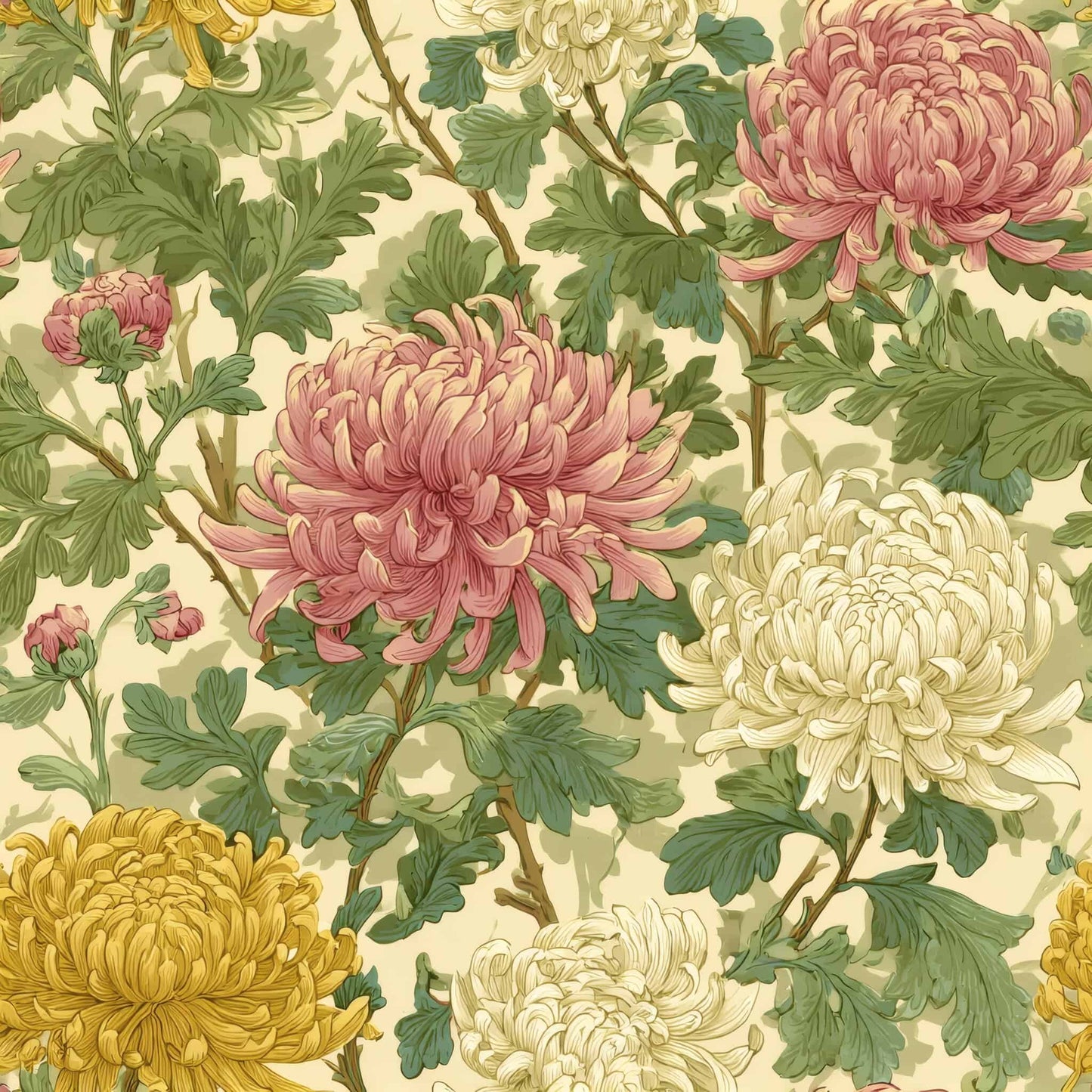 Intricate floral wallpaper with pink, yellow, and cream chrysanthemums on a beige background with green leaves.
