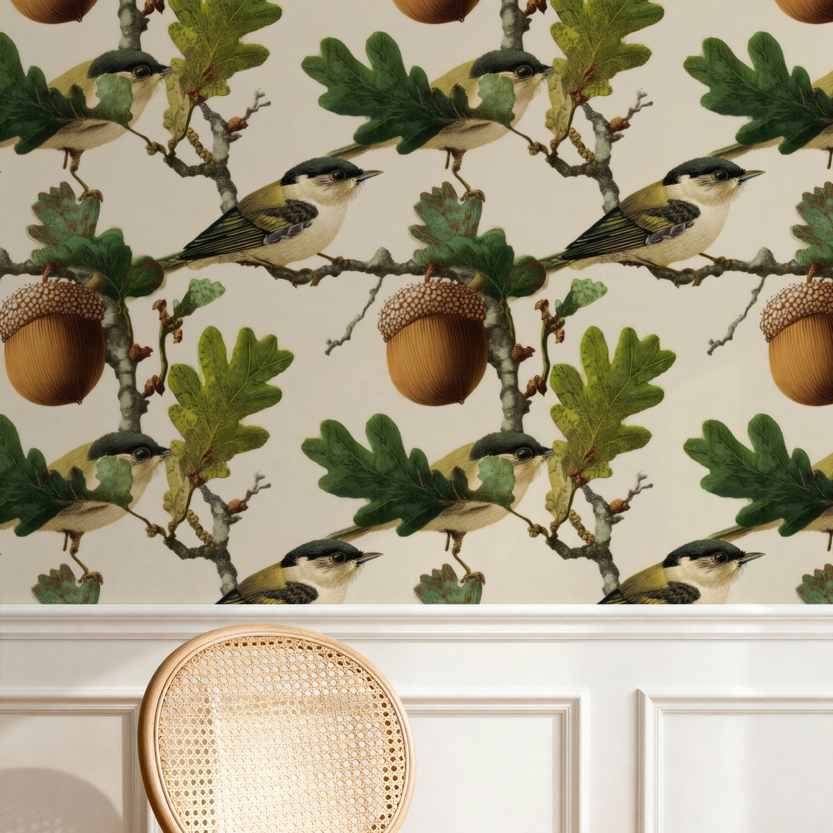 Acorn Grove large scale wallpaper in a styled room