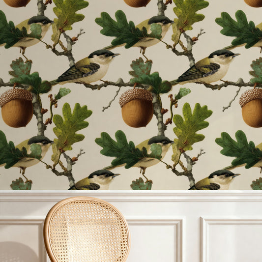 Acorn Grove large scale wallpaper in a styled room