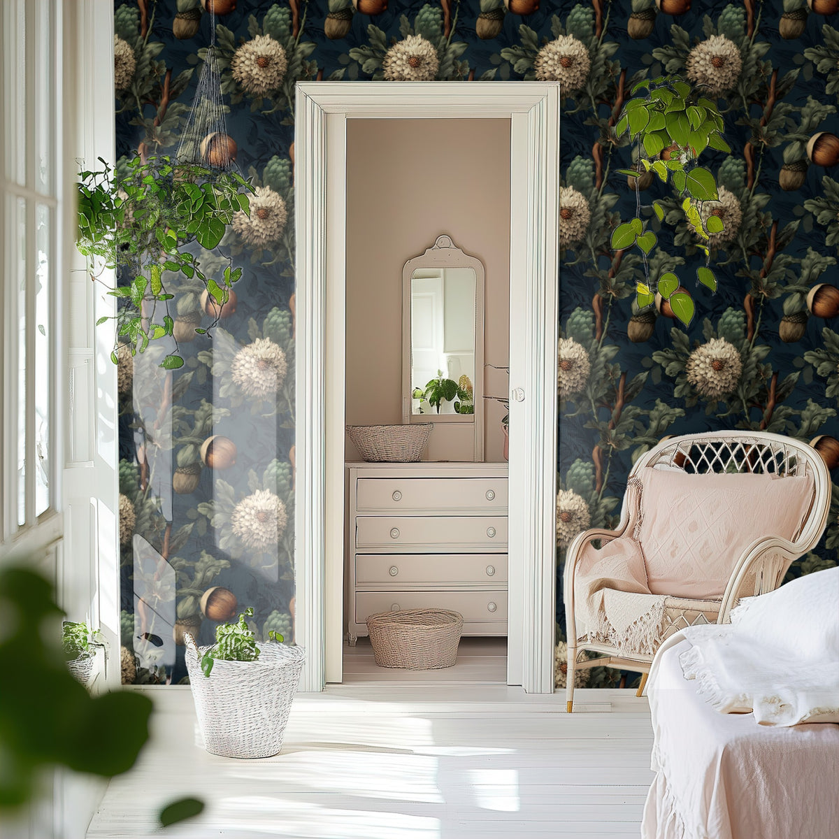 Acorn Thistle large scale wallpaper in a styled room