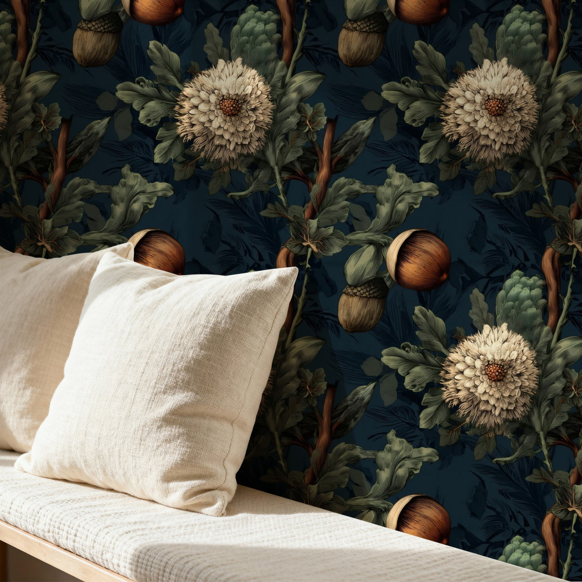 Acorn Thistle large scale wallpaper in a styled room