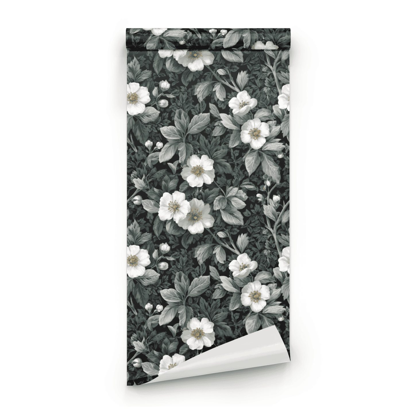 Green Floral Wallpaper roll preview showing the moody floral drawing and the chalky green dark academia palette in fine detail
