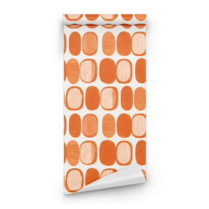 White Geometric Wallpaper roll close-up showing the mod geometric drawing in close white-and-tangerine Mid-Century detail