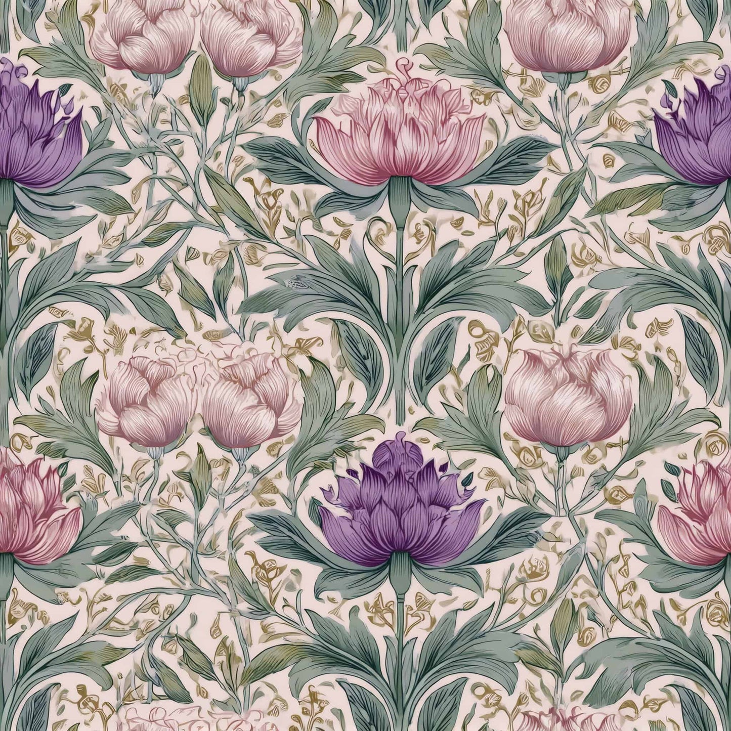 Intricate floral wallpaper with purple and pink blooms, surrounded by green foliage.