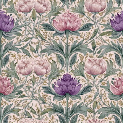 Intricate floral wallpaper with purple and pink blooms, surrounded by green foliage.