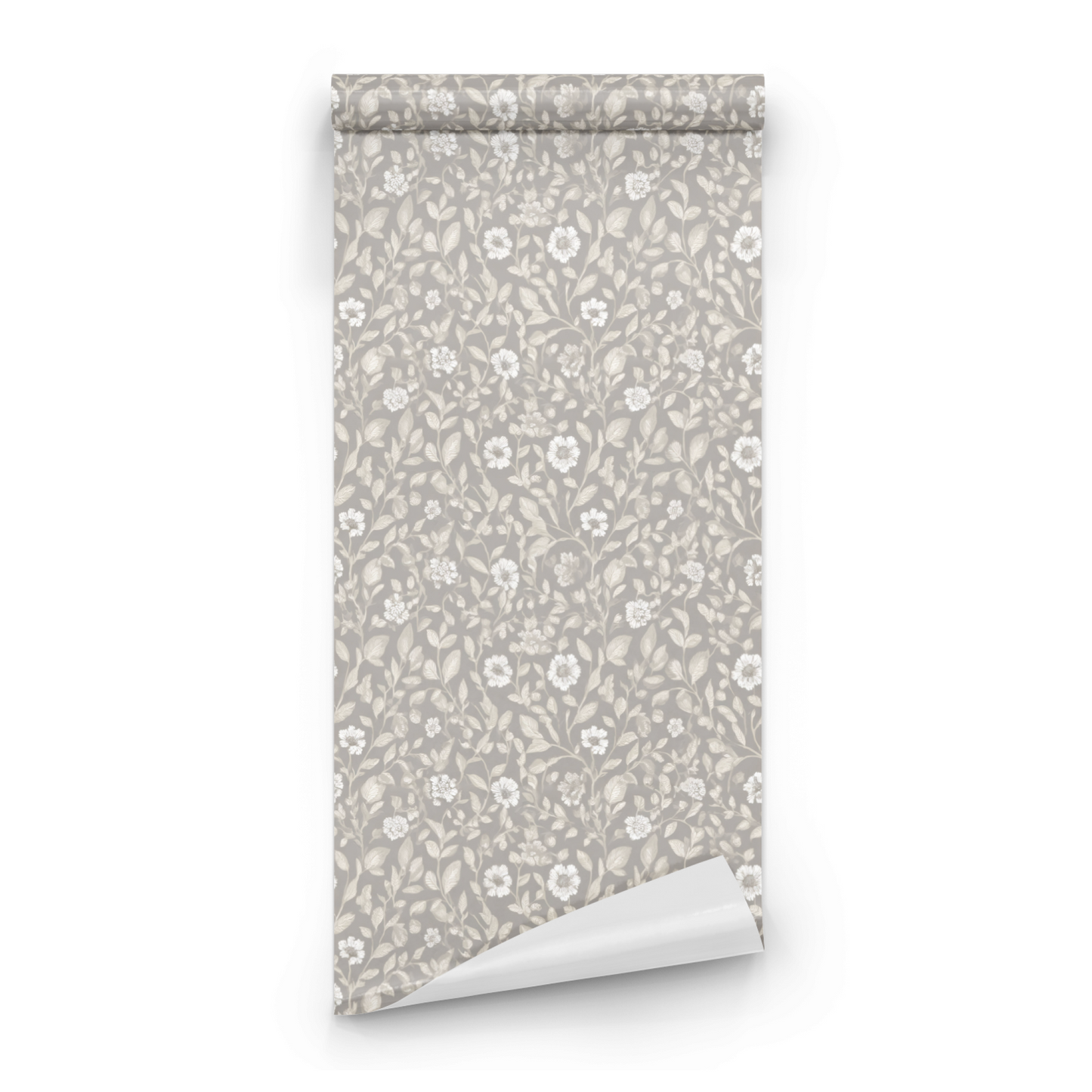 Neutral Floral Wallpaper roll close-up showing the petal drawing in close pearly neutral Arts and Crafts detail