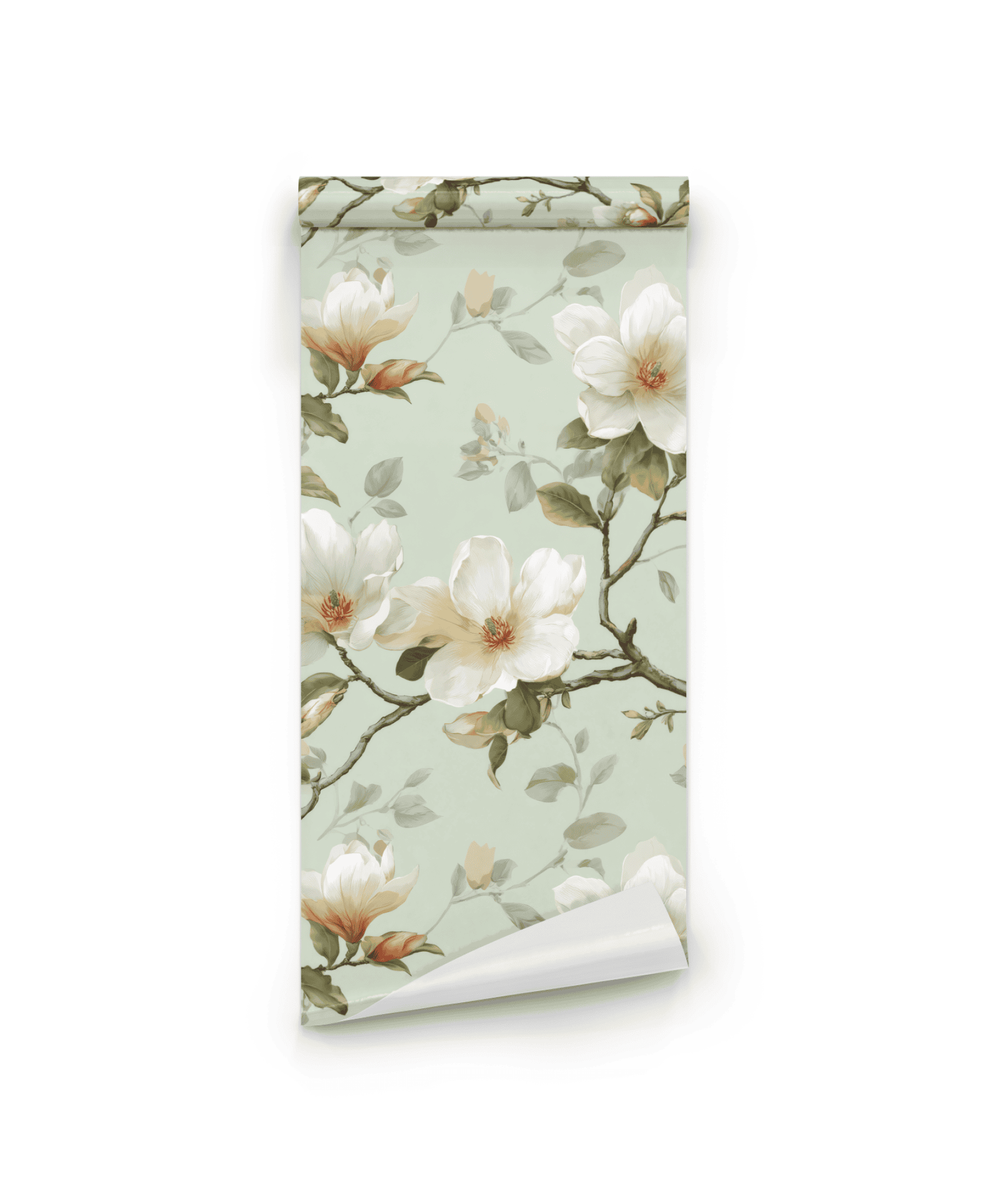 Magnolia Blossoms Wallpaper features large white magnolia flowers and branches in a botanical design on a mint background, bringing refined tranquility to any space.