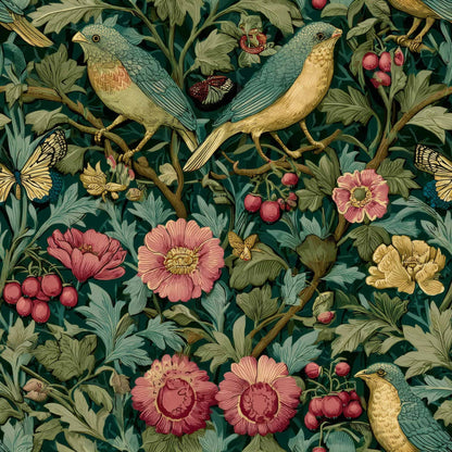 Wallpaper featuring detailed birds and flowers in green, pink, and yellow hues.