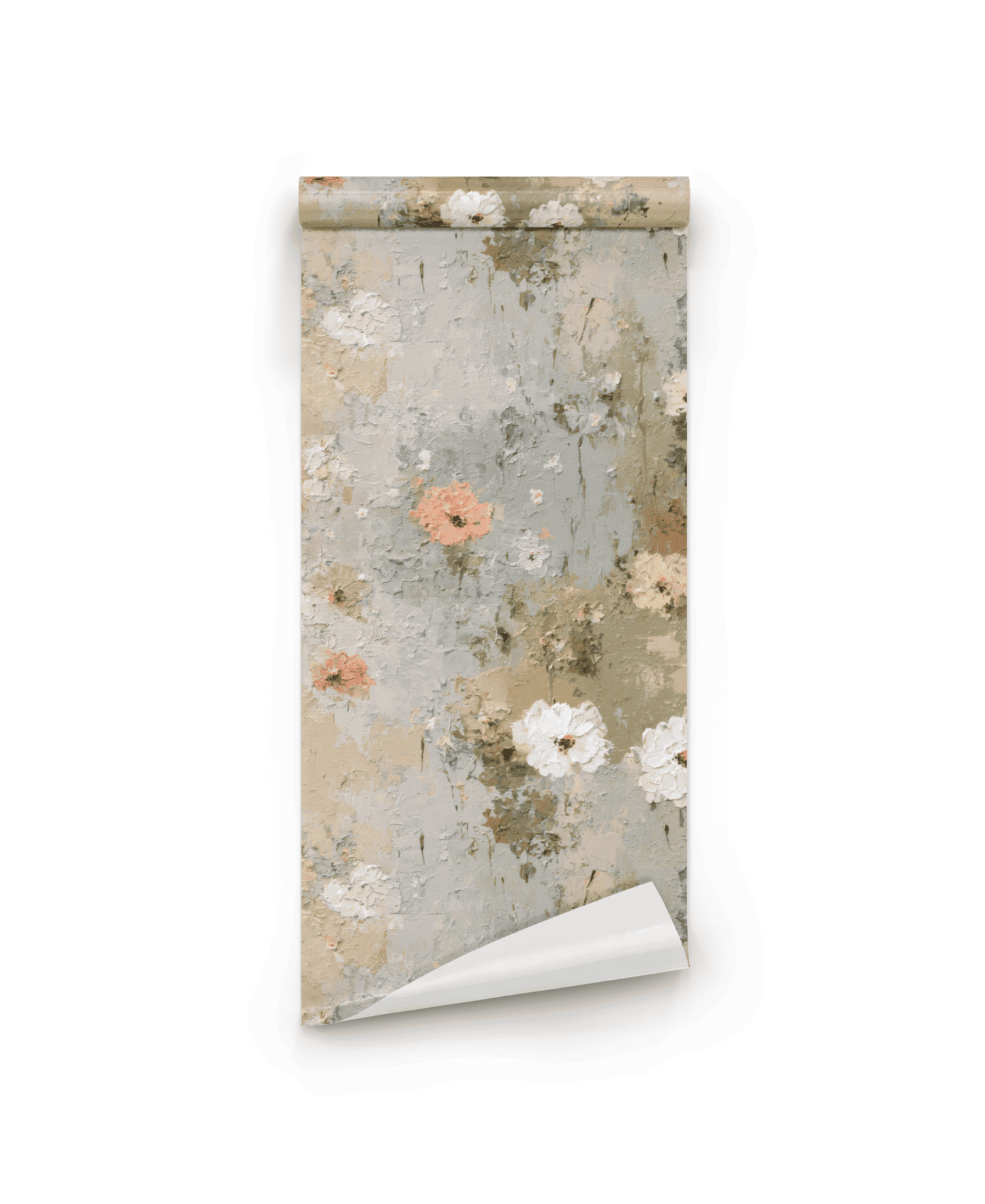 Whispering Blossoms Wallpaper showcases a vintage-inspired floral pattern in muted beige, blue, pink, and white tones on a textured background—ideal for artistic wall decor.