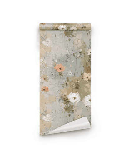 Whispering Blossoms Wallpaper showcases a vintage-inspired floral pattern in muted beige, blue, pink, and white tones on a textured background—ideal for artistic wall decor.