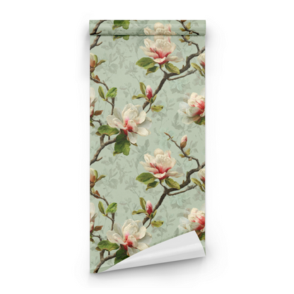 Green Floral Wallpaper roll preview showing the flowering branch drawing in fine celadon green line work