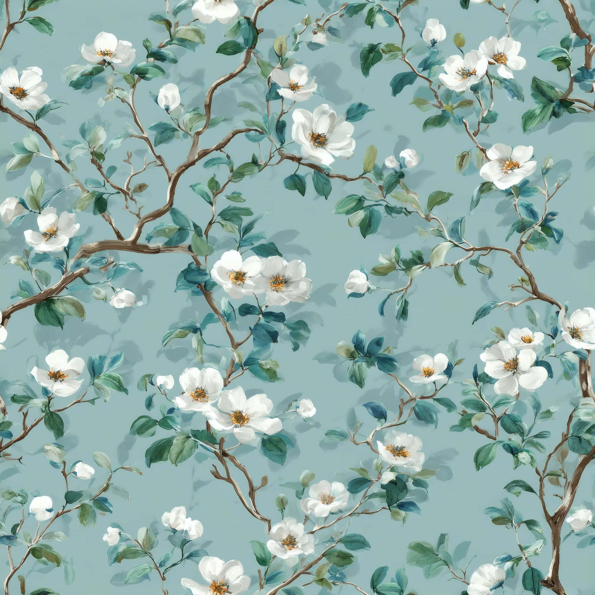 Floral wallpaper with white blossoms and green leaves on a blue background.