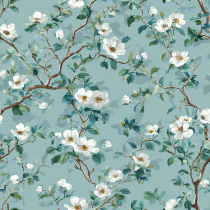 Floral wallpaper with white blossoms and green leaves on a blue background.