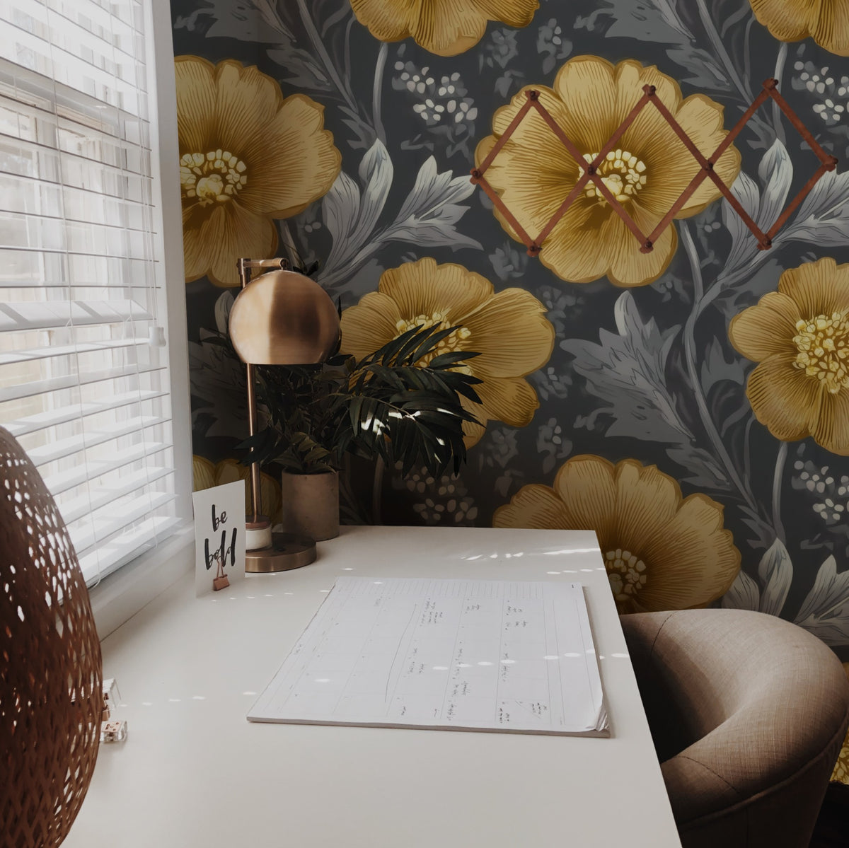 Amber Songbird large scale wallpaper in a styled room