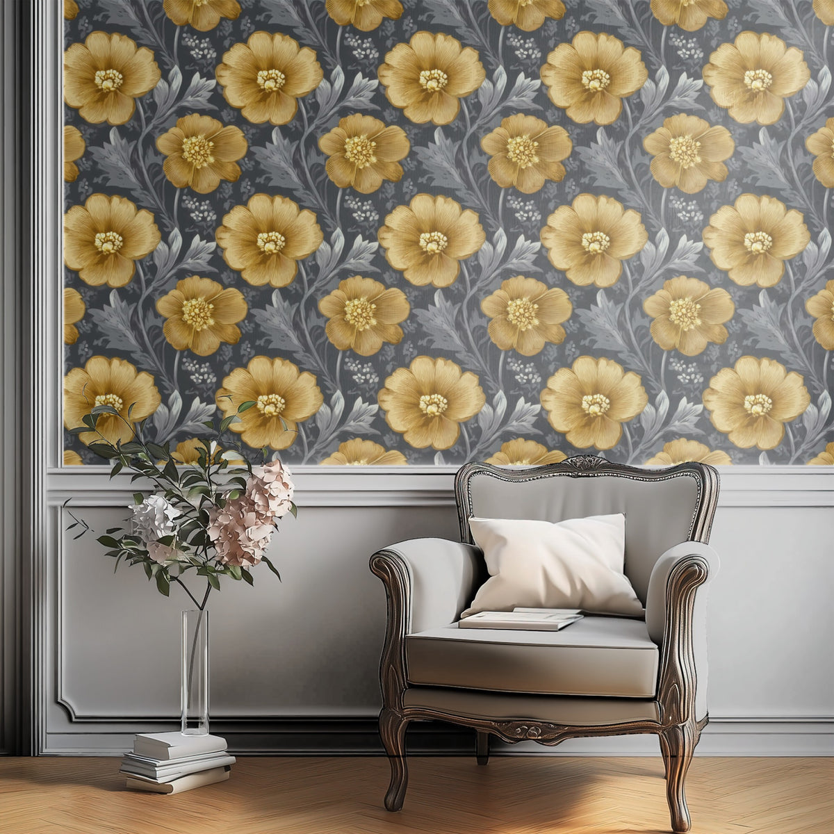 Amber Songbird large scale wallpaper in a styled room