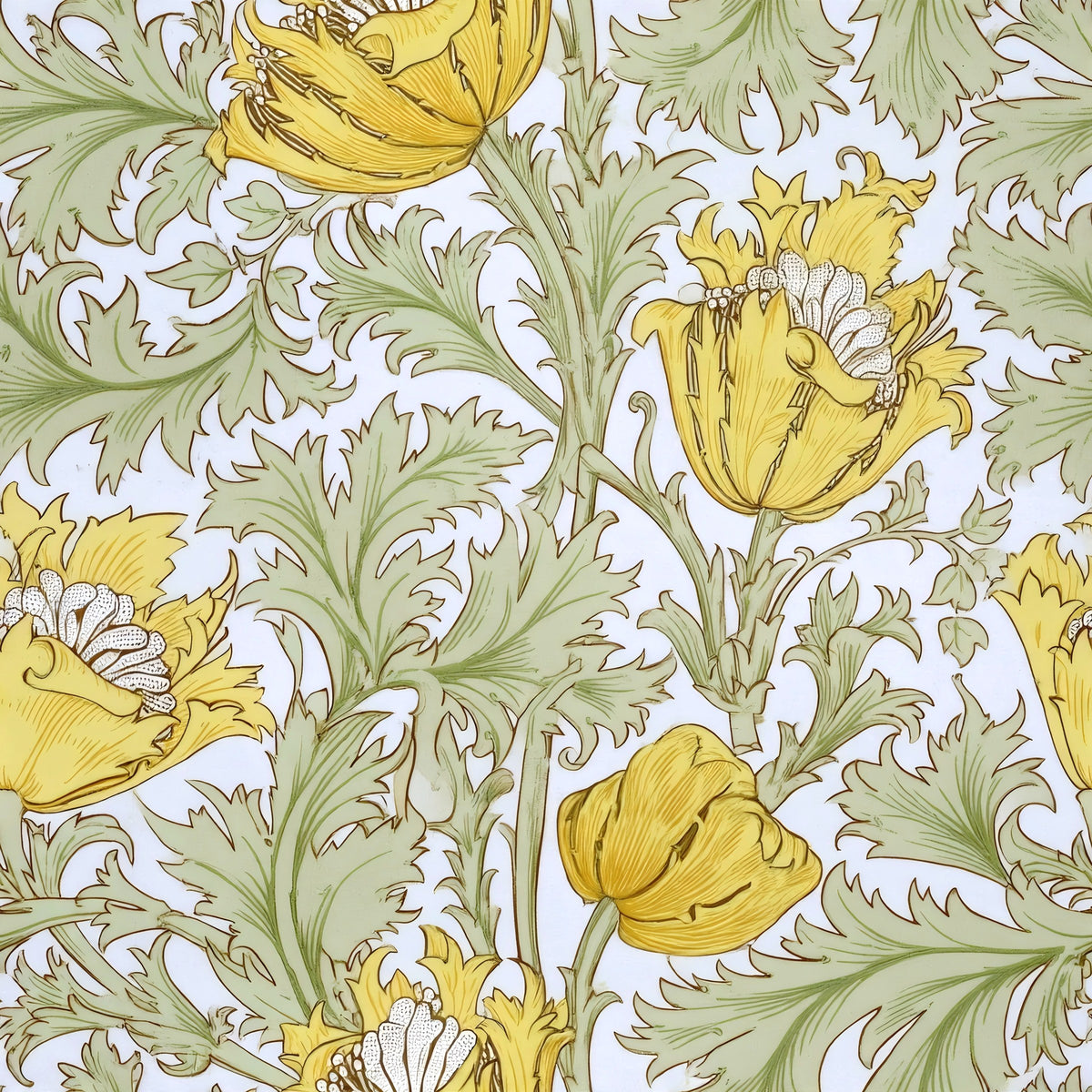 Lemon-yellow anemones among curling sage acanthus leaves on a pale ground, a William Morris design.