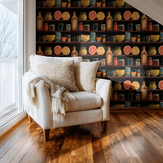 Apothecary Shelf large scale wallpaper in a styled room