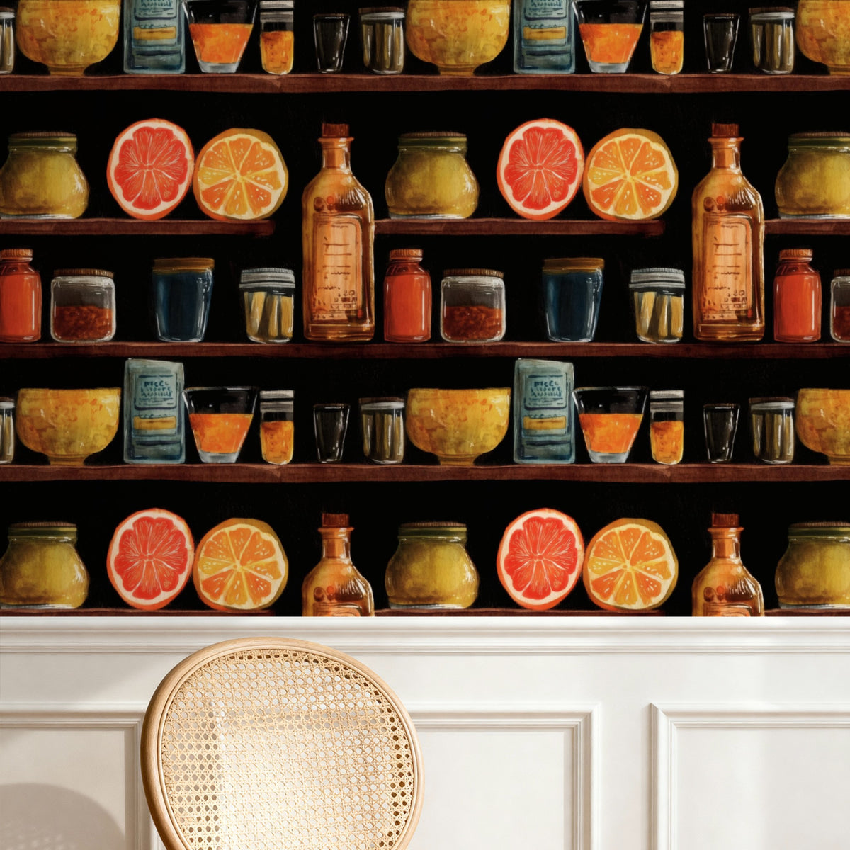 Apothecary Shelf large scale wallpaper in a styled room