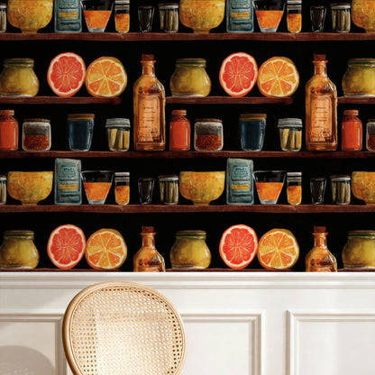 Apothecary Shelf large scale wallpaper in a styled room