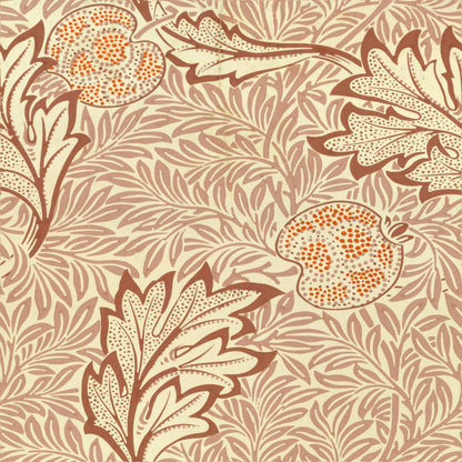 Rust-red acanthus fronds and dotted apples over fine coral leaves on a cream ground, a William Morris design.