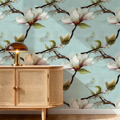 Aqua Blossom large scale wallpaper in a styled room