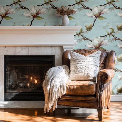 Aqua Blossom large scale wallpaper in a styled room