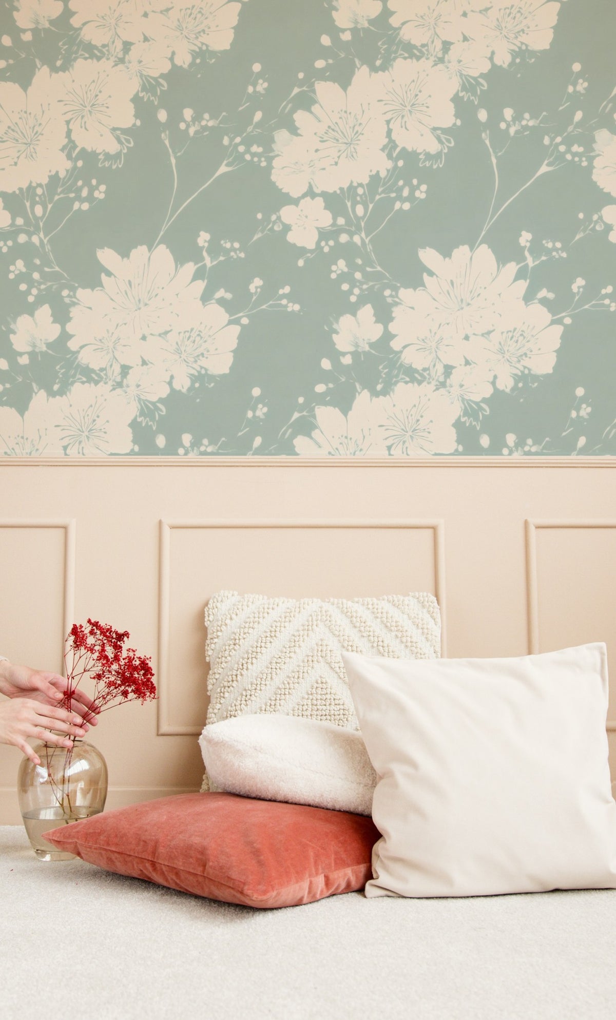 Aqua Carnation large scale wallpaper in a styled room