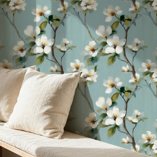Aqua Dogwood large scale wallpaper in a styled room