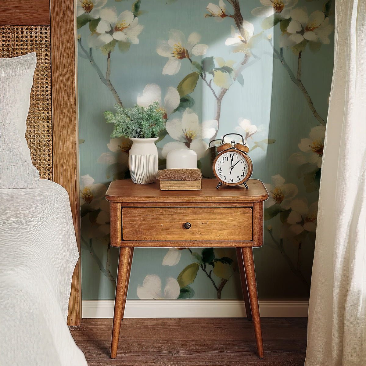 Aqua Dogwood large scale wallpaper in a styled room