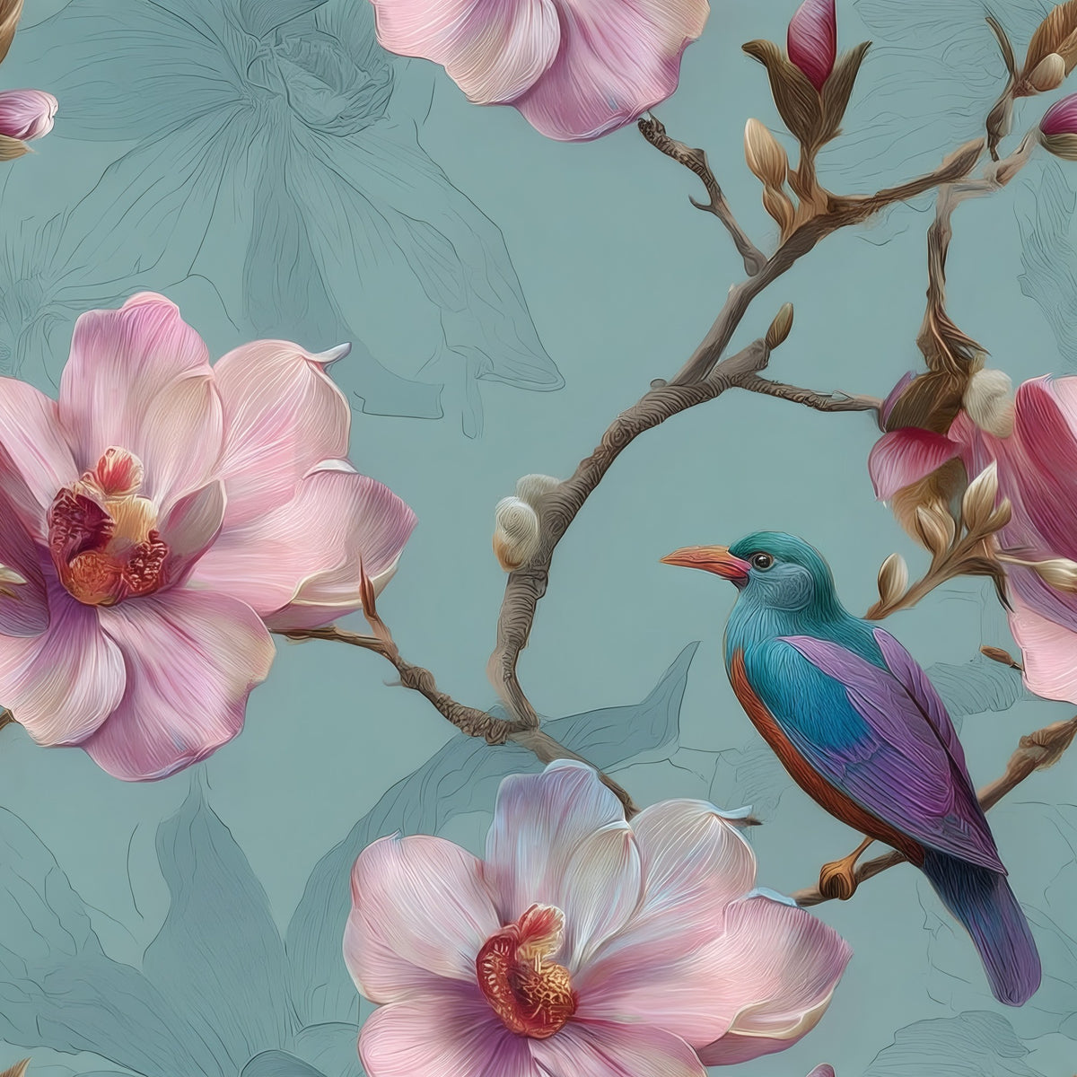 Aqua Magnolia large scale wallpaper pattern repeat