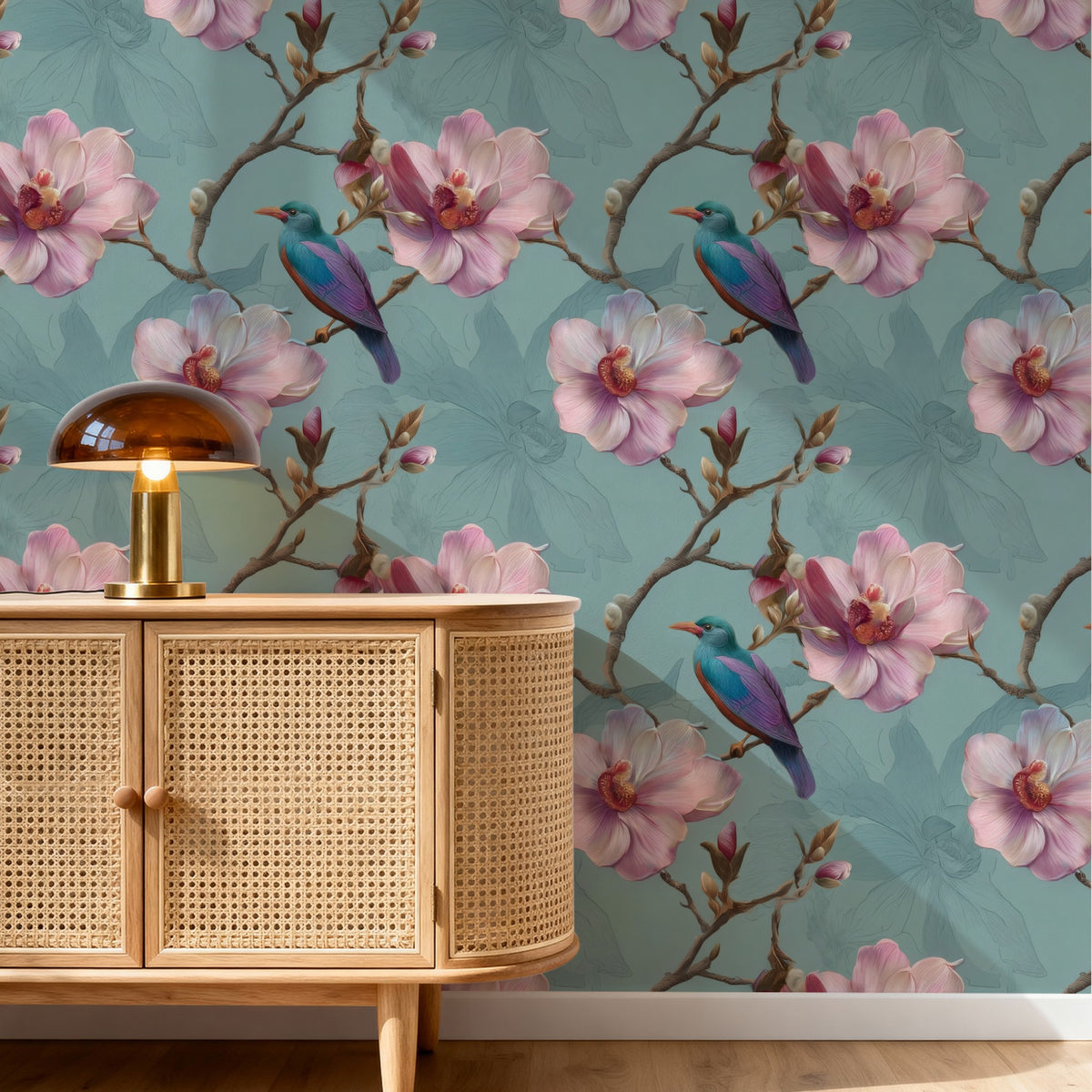 Aqua Magnolia large scale wallpaper in a styled room