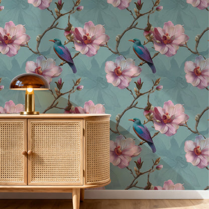 Aqua Magnolia large scale wallpaper in a styled room