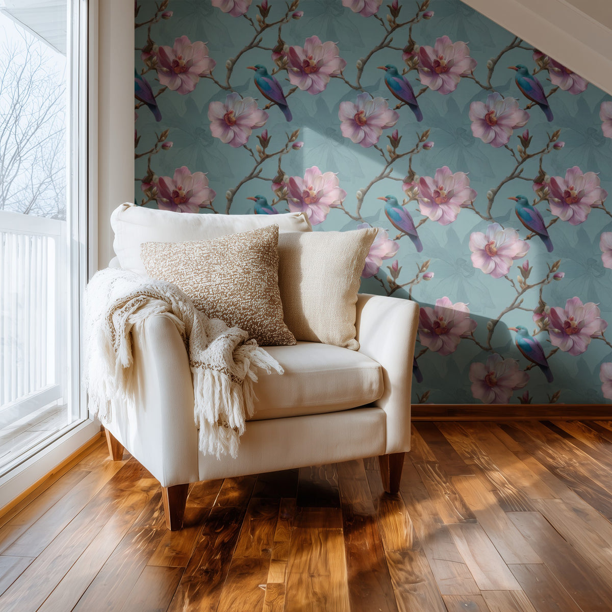 Aqua Magnolia large scale wallpaper in a styled room