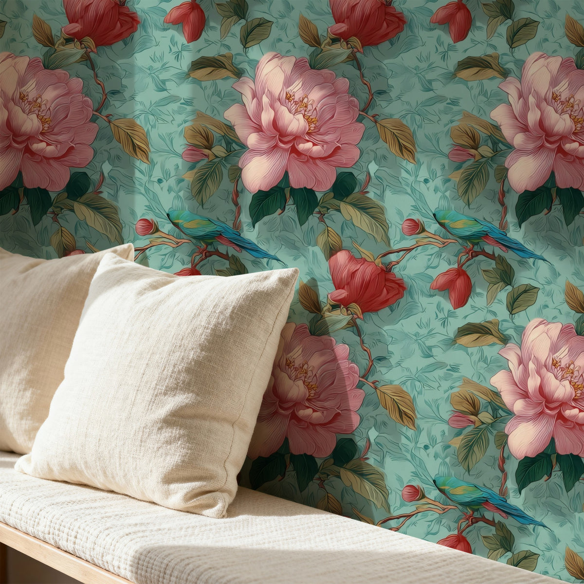 Aqua Orchard large scale wallpaper in a styled room