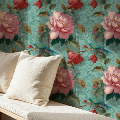 Aqua Orchard large scale wallpaper in a styled room