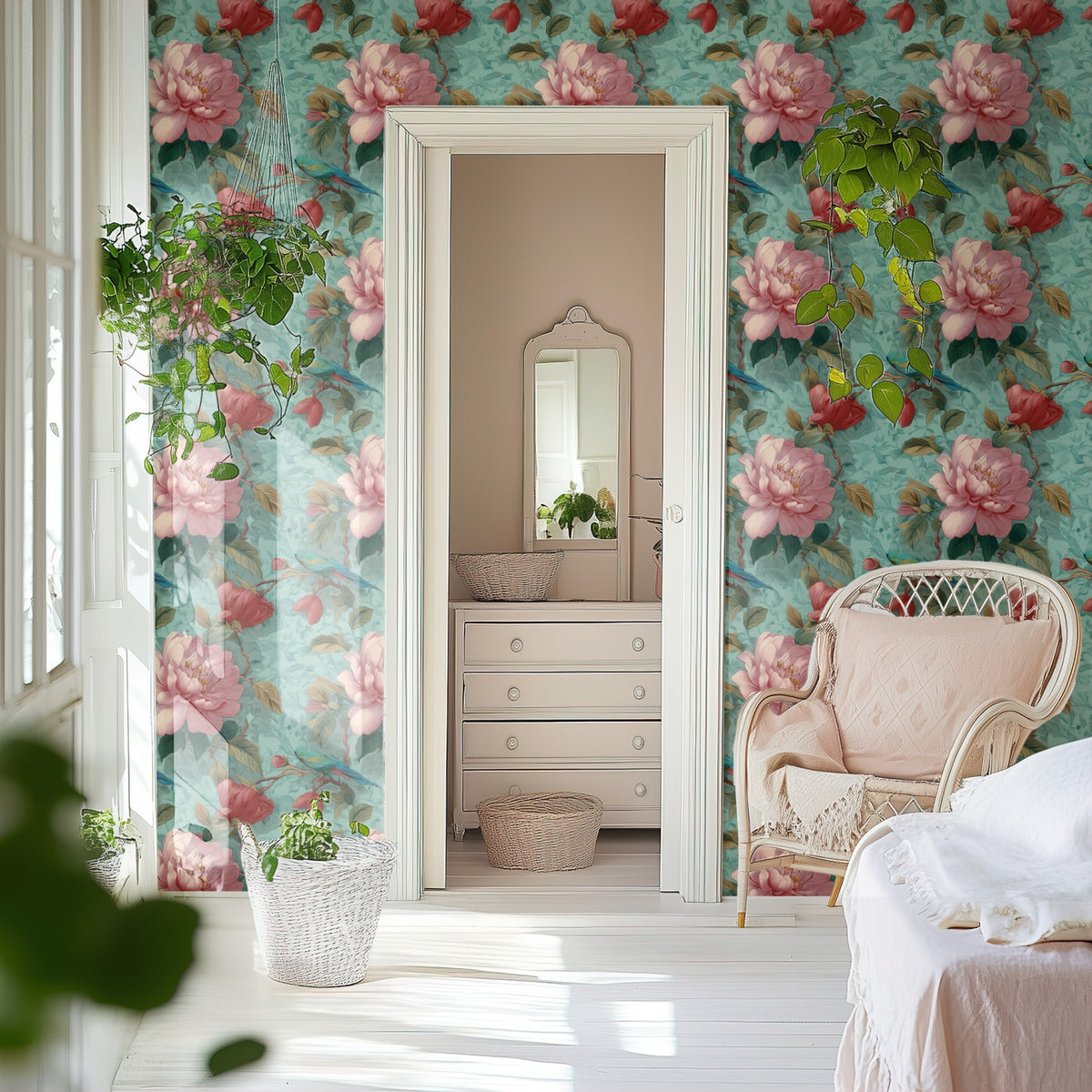 Aqua Orchard large scale wallpaper in a styled room