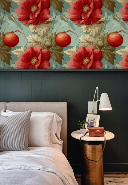Aqua Poppy large scale wallpaper in a styled room