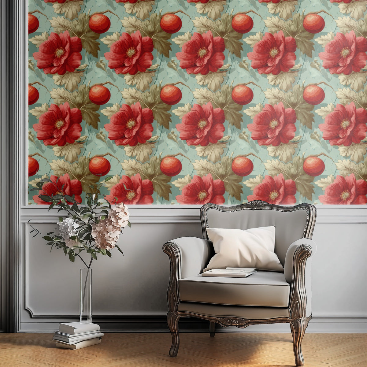 Aqua Poppy large scale wallpaper in a styled room