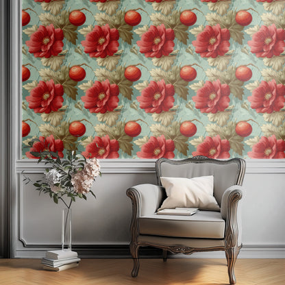 Aqua Poppy large scale wallpaper in a styled room