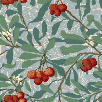 Clusters of red strawberry-tree fruit and small cream flowers hang among long green leaves on a soft slate-blue ground, a William Morris design.