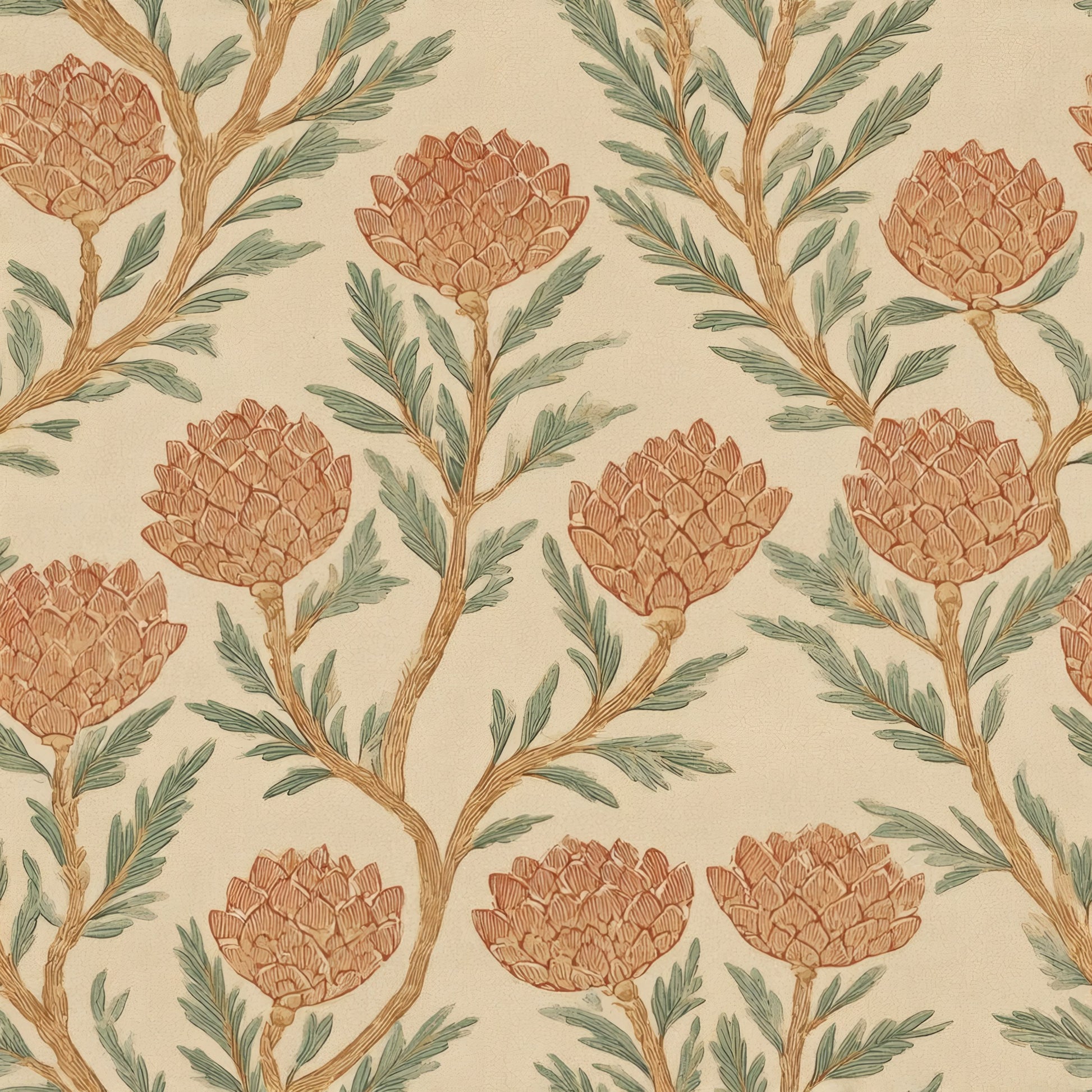 Russet artichoke thistle flowers on winding sage stems across a warm cream ground.