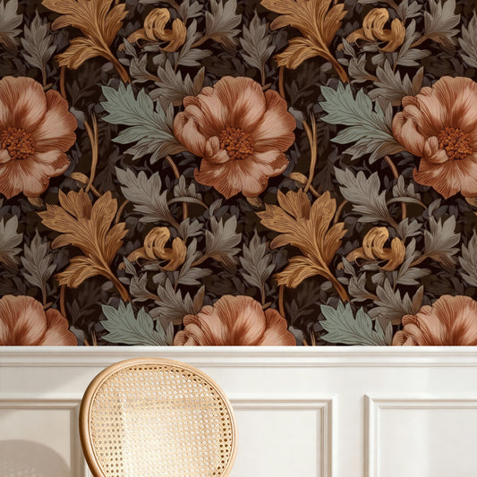 Autumn Roses large scale wallpaper in a styled room