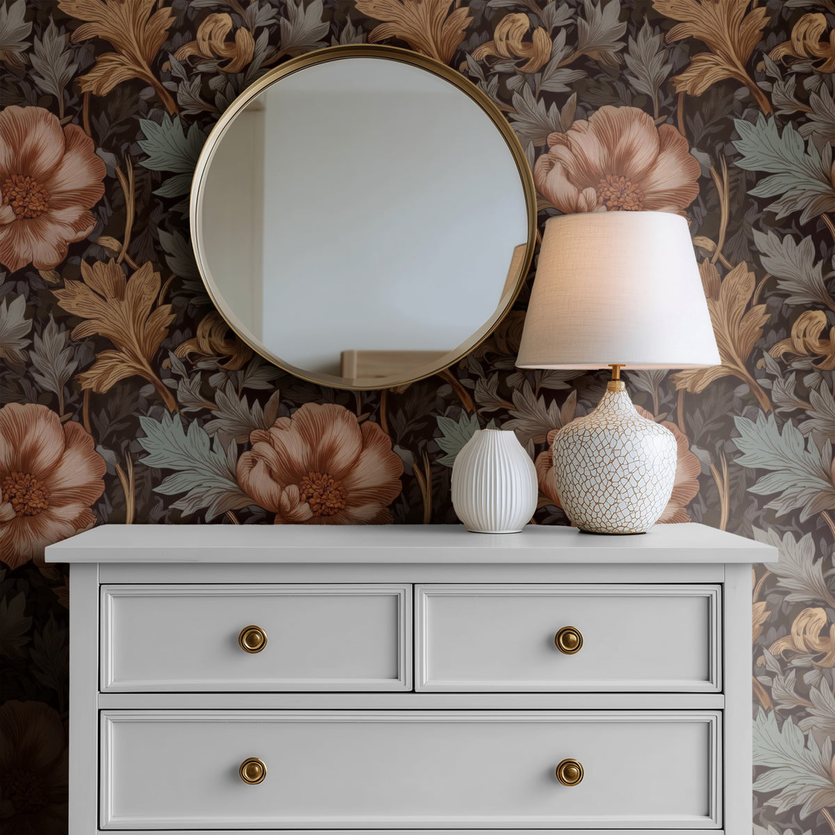 Autumn Roses large scale wallpaper in a styled room