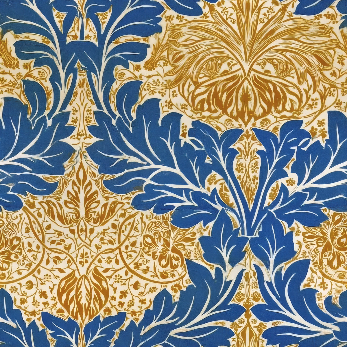 Bold cobalt-blue acanthus leaves frame golden ochre flower heads in a large mirrored arrangement, a William Morris design.