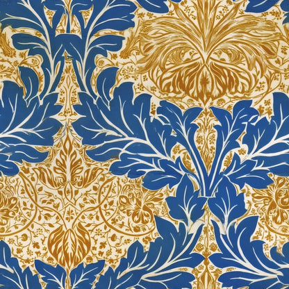 Bold cobalt-blue acanthus leaves frame golden ochre flower heads in a large mirrored arrangement, a William Morris design.