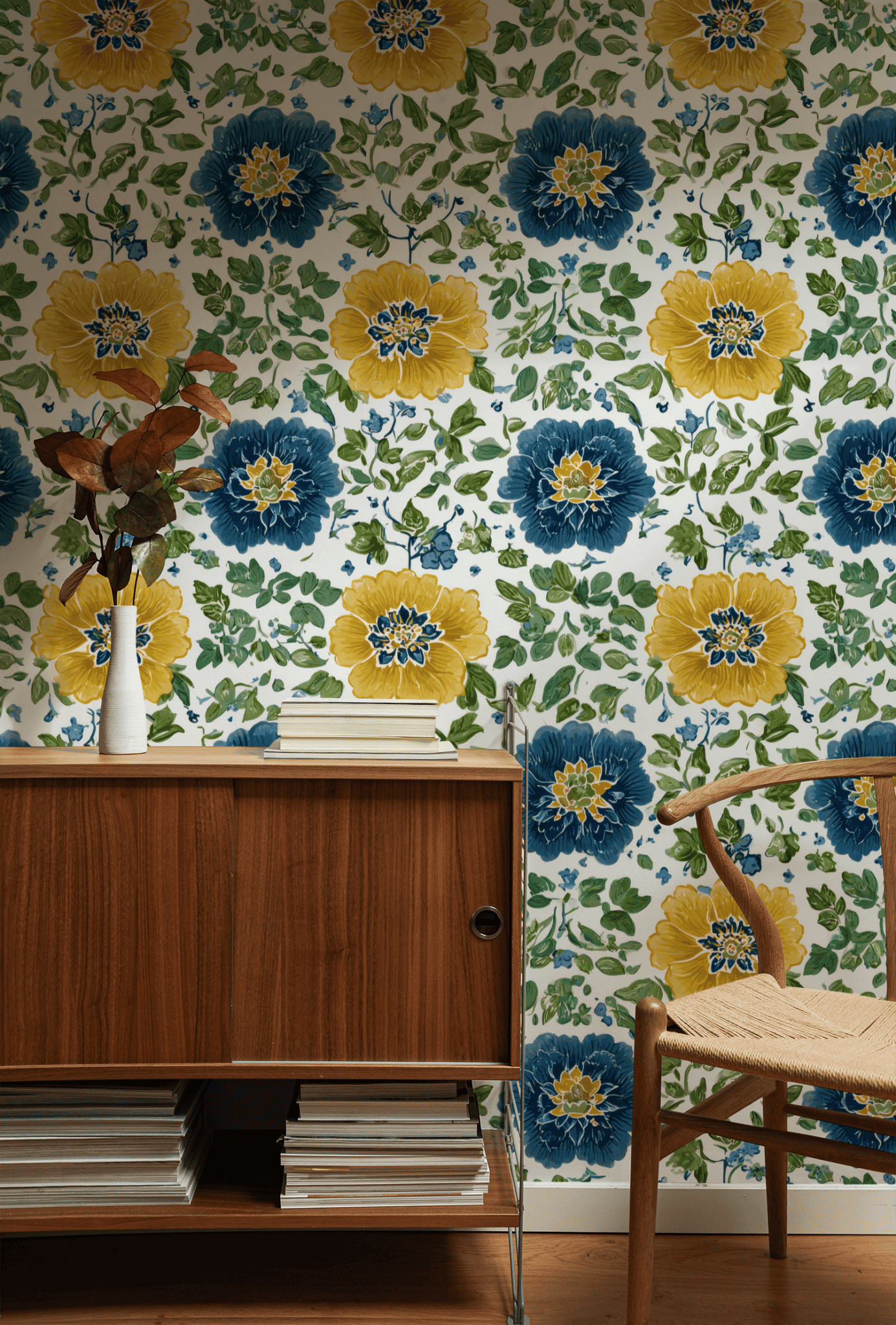 A wooden cabinet with stacked books and a vase of dried flowers stands against a wall decorated with Floral Harmony Wallpaper. A woven chair is partially visible on the right.